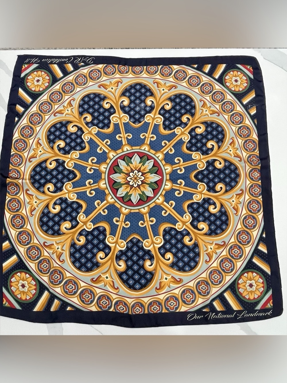 Vintage DAR Constitution Hall Square Scarf Navy Gold Our National Landmark